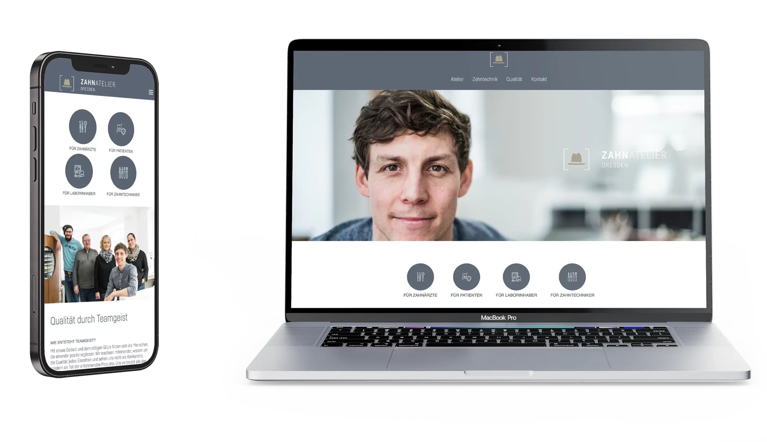 Website des Zahnateliers Dresden – einmal dargestellt auf einem Mobiltelefon, einmal auf einem Laptop. Design: Werbeagentur IKONUM Dresden