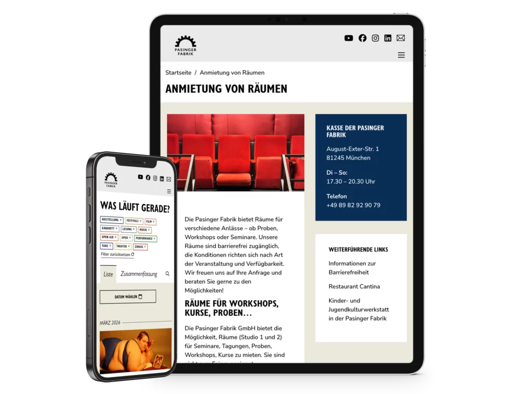 Website der Pasinger Fabrik dargestellt auf einem Tablet und auf einem Mobiltelefon. Webdesign: Werbeagentur IKONUM Dresden