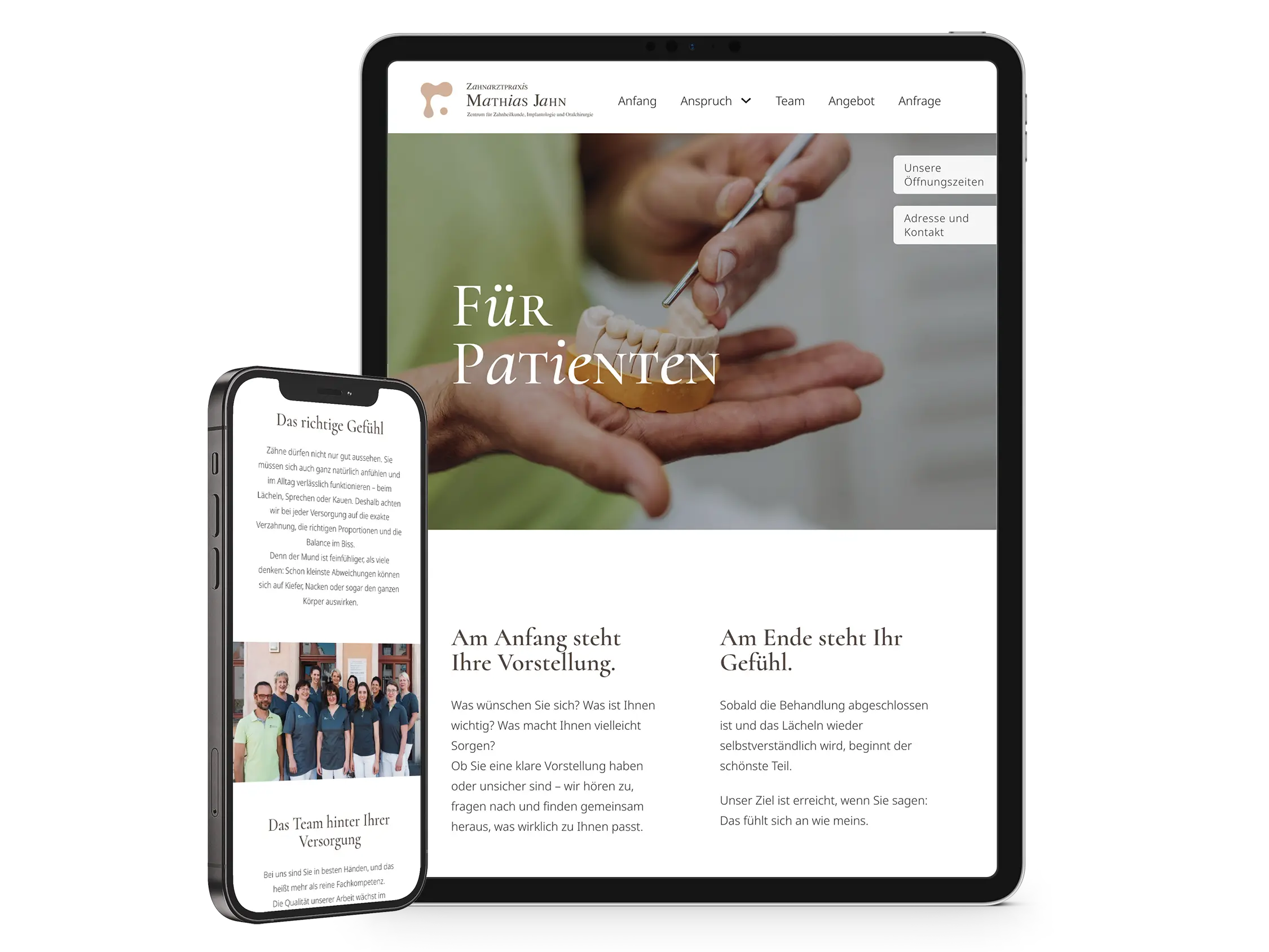 Website der Zahnarztpraxis Mathias Jahn. Das Bild zeigt die Website auf einem Tablet und einem Mobiltelefon. Design: Werbeagentur IKONUM Dresden.